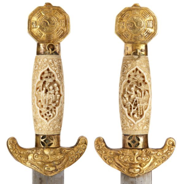 Shuangjian with intricately carved ivory grips