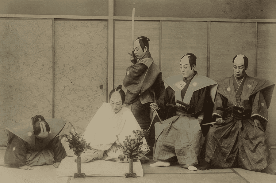 A staged depiction of the seppuku ritual during the Meiji Era cropped
